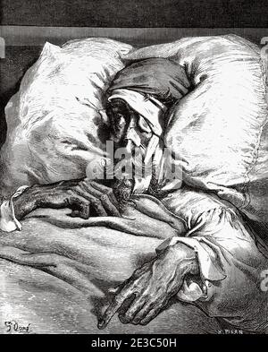 Don Quixote sick in bed. Don Quixote by Miguel de Cervantes Saavedra. Old XIX century engraving illustration by Gustave Dore Stock Photo