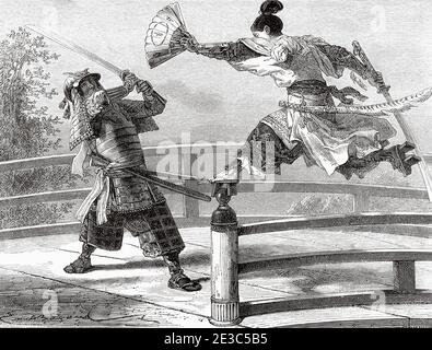 Youshitsune samurai fighting, great and popular warrior in Japanese tradition, Japan. Old 19th century engraved illustration Travel to Japan by Aime Humbert  from El Mundo en La Mano 1879 Stock Photo