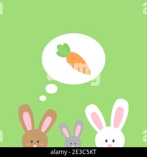 Cute Easter bunnies vector illustration graphic. Little rabbits peeking out and dreaming about carrot. White, grey and brown bunny with thinking bubbl Stock Photo