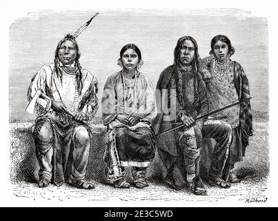 Sioux chief White swan. Native american indians Sioux men and women, United States of America. Old 19th century engraved illustration. Travel from Washington to San Francisco by Louis Laurent Simonin from El Mundo en La Mano 1879