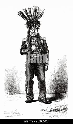 Winnemucca the Napoleon, chief of the American Indians of the tribe of the Paiute, United States of America. Old 19th century engraved illustration. Travel from Washington to San Francisco by Louis Laurent Simonin from El Mundo en La Mano 1879 Stock Photo