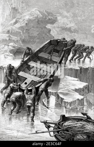 The crew of the Hansa transporting the boats to open water and escaping from the pack ice. Old 19th century engraved illustration. Second German North Polar Expedition in 1869 from El Mundo en La Mano 1879 Stock Photo