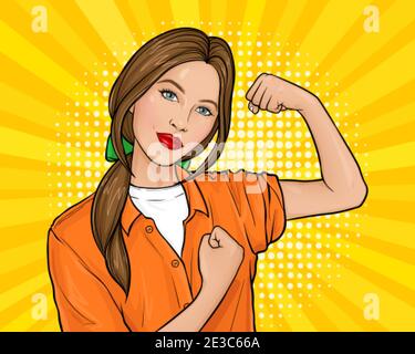 Vector pop art illustration of an confident woman demonstrating her strength by roll up her sleeve. We can do it girl. Poster with a young brown-haired female on yellow background. Stock Vector