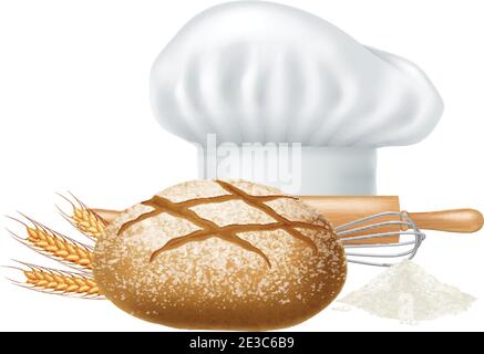Chef hat, fresh bread, ears of wheat, rolling pin and whisk isolated on white background. Photo-realistic vector illustration. Stock Vector