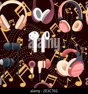 Seamless pattern of different headphones wireless and wired vector illustration on dark background Stock Vector