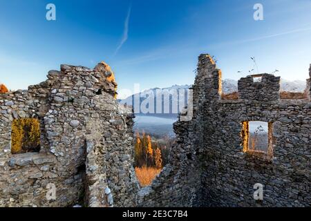 Medieval vestiges of the Castellalto castle. Telve, Valsugana, Trento province, Trentino Alto-Adige, Italy, Europe. Stock Photo