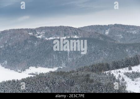 Gentle slopes of forest hills are covered with first snow. View of mountain valleys and ridge on horizon. Stock Photo