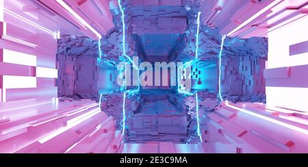 High technology space station science fiction corridor abstract background 3d render illustration Stock Photo