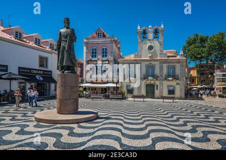 Dom Pedro I, statue of King Peter I, patterned cobblestone pavement at Praca de Outubro, in Cascais, Lisbon District, Lisboa region, Portugal Stock Photo