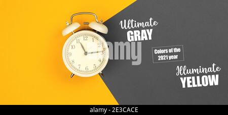 Creative banner with trendy colors of the year 2021, alarm clock, morning composition photo Stock Photo