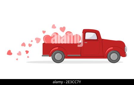 Red pickup truck with hearts. Card of a Valentine Day. Vector illustration. Stock Vector