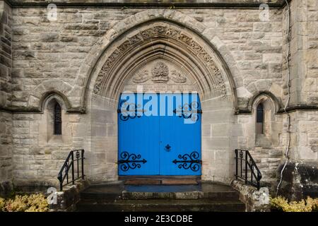 blue church doors - Killearn Kirk, Stirling, Scotland, UK Stock Photo