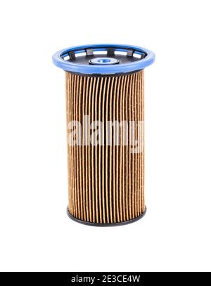 Dirty spent fuel car filter on white background, isolate. Concept of high quality car fuel, fuel cleaning, close-up, industry Stock Photo