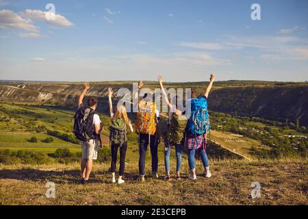 Family travel and adventure concept. Green tourism. Healthy journey vacations. Stock Photo