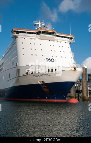 ROTTERDAM EUROPOORT, THE NETHERLANDS - FEBRUARY 27, 2015: The P&O ferry Pride of Hull is moored at the terminal in Rotterdam Europoort in The Netherla Stock Photo