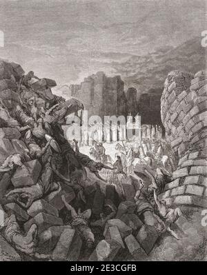 The walls of Jericho falling.  After a 19th century work by Gustave Dore.  The picture illustrates the story from the Old Testament in the book of Joshua 6:1-27. Stock Photo