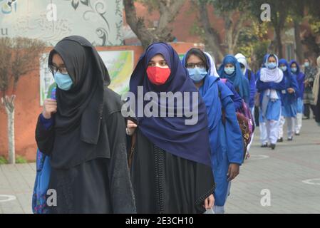 Pakistani students wearing facemasks to attend their first day of school with SOP,s, at govt kinnaird high school in Lahore Stock Photo