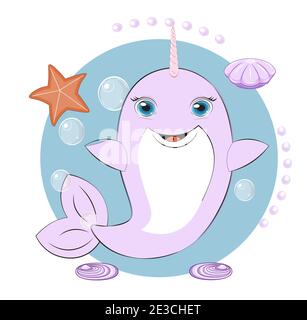 Narwhal with horn have fun in bubble background, picture in hand drawing cartoon style, for t-shirt wear fashion print design, greeting card, postcard Stock Vector