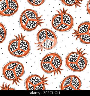 Pomegranate fruit vector pattern seamless. Repeating background doodle pomegranates black white orange. Use for fabric, kids wear, kitchen decor Stock Vector