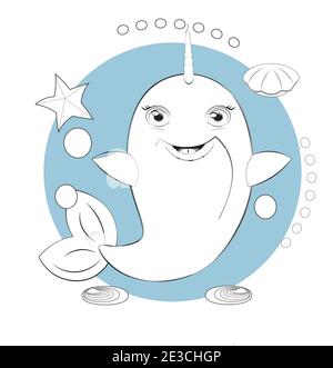 Coloring book Narwhal with horn have fun in bubble background, picture in hand drawing cartoon style, for t-shirt wear fashion print design, greeting Stock Vector