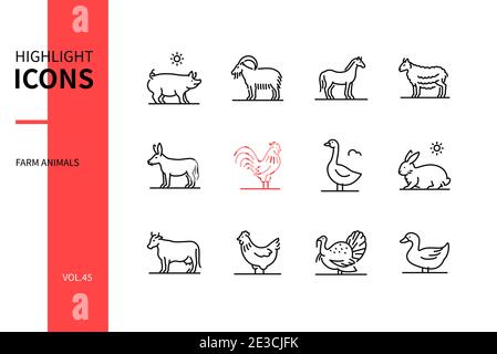Farm animals collection - line design style icons set on white background. Black images of a pig, goat, horse, sheep, donkey, rooster, goose, rabbit, Stock Vector