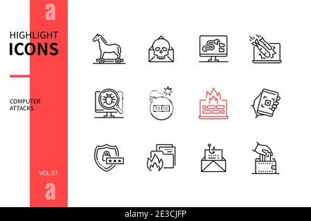 Computer attacks - line design style icons set. Data safety idea. Trojan, email malware, computer warm, DDOS, software bug, logic bomb, firewall, scan Stock Vector