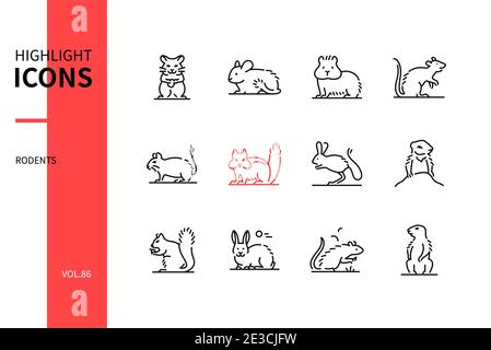 Rodents - modern line design style icons set. A collection of wild and domestic animals, pets. Hamster, chinchilla, guinea pig, rat, degu, chipmunk, j Stock Vector