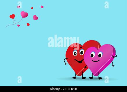 Valentine couple. Cute characters of lovers on blue background. Two loving hearts couple Vector illustration. Valentines day or for wedding. Template Stock Vector