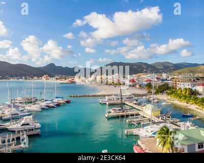 Aerial view of the caribbean island of St.maarten. High point view of  Bobby's marina on the island of St.Maarten. Stock Photo