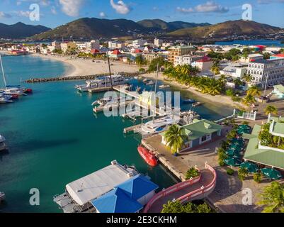 Aerial view of the caribbean island of St.maarten. High point view of  Bobby's marina on the island of St.Maarten. Stock Photo