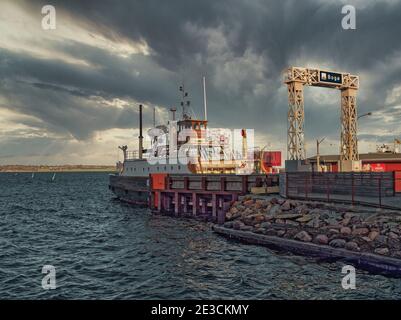 The small vintage ferry from Stubbekoebing to Bogoe island in Denmark Stock Photo