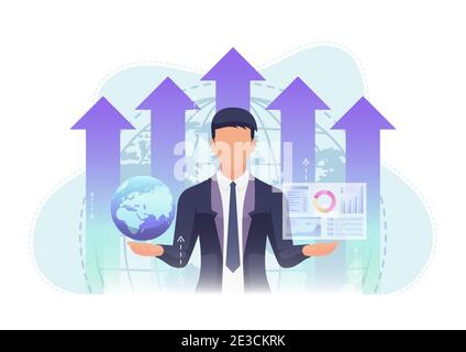 Businessman Holding World and Business Chart with Growth Graph Background. Global Business concept. Stock Vector