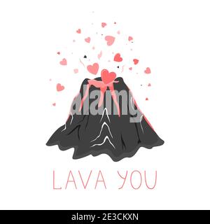 Hand drawn cute funny illustration with volcano and lava hearts. Greeting card or sticker of february holiday of love Valentine Day. Stock Vector