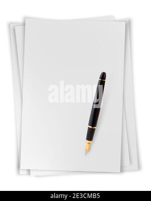 White sheets with fountain pen isolated on  white background Stock Photo