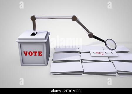 Ballot box looking for votes with magnifying glass demonstrating Searching for votes concept. 3D illustration
