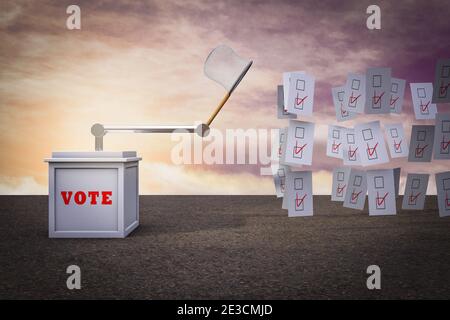 Voting box catch votes with a net demonstrating Searching for votes concept. 3D illustration
