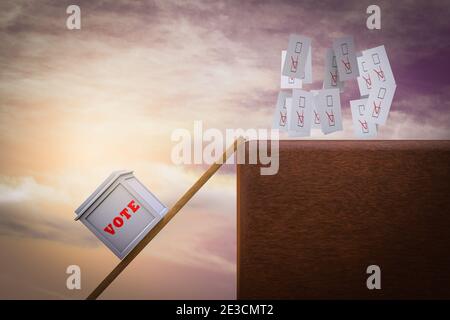 Ballot box climbs a ladder to catch votes demonstrating Searching for votes concept. 3D illustration
