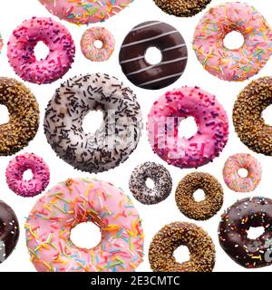 Set of assorted donuts, isolated on white background, seamless pattern Stock Photo