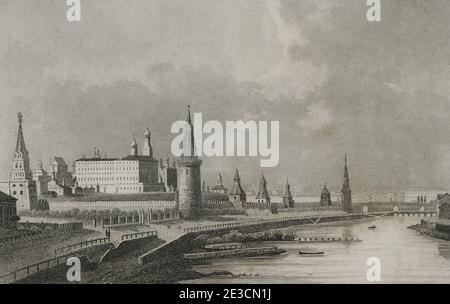 Russia, Moscow. View of the Kremlin from the Stone Bridge. Engraving by Lemaitre, Cadolle and Cholet. History of Russia by Jean Marie Chopin (1796-1870). Panorama Universal, Spanish edition, 1839. Stock Photo