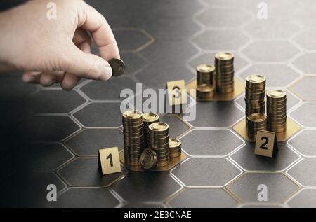 Human hand stacking generic coins over black background with hexagonal golden shapes. Concept of angel investor and investing in startup companies. Co Stock Photo