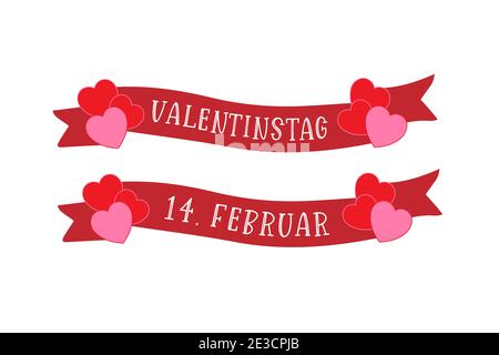 Hand sketched set of Valentines day quotes in German with ribbons. Romantic lettering for design, print, poster, card, invitation, banner  Stock Vector
