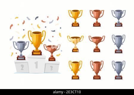 Trophy cups on a podium with confetti. Gold, silver, and bronze winner prize cups set with different shapes - 1st, 2nd, and 3rd place trophies on a wh Stock Vector