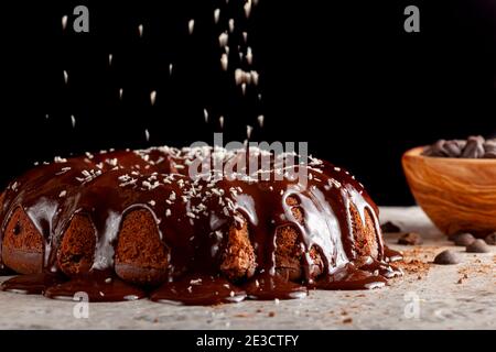 Side view of a fresh baked chocolate cake on white stone countertop with dark background; Melted chocolate pudding is dripping on the sides with cocon Stock Photo