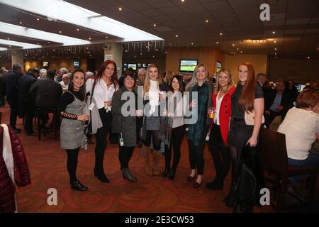 New Year race meeting at Ayr racecourse 2 Jan 2018. Race goers enjoy hospitality. Group of ladies, friends party Stock Photo