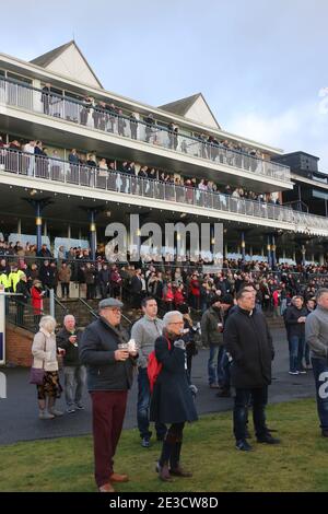 New Year race meeting at Ayr racecourse 2 Jan 2018. Crowds in the grandstand  cheer on the race Stock Photo