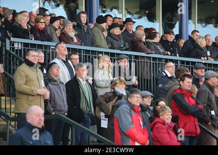 New Year race meeting at Ayr racecourse 2 Jan 2018. Crowds in the grandstand  cheer on the race Stock Photo