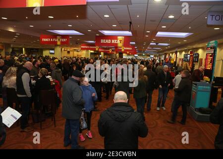 New Year race meeting at Ayr racecourse 2 Jan 2018. Race goers inside using the bookmakers Stock Photo