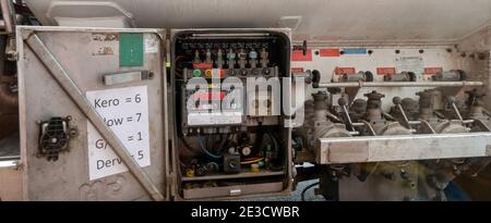 England, UK. 2021.  Electronic counting of delivered fuel oil on exterior oil delivery truck. Stock Photo