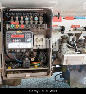 England, UK. 2021.  Electronic counting of delivered fuel oil on exterior oil delivery truck. Stock Photo