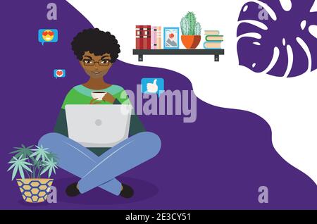Cartoon man work on a laptop, distant learning, work, or chatting online in social media, concept illustration. Stock Vector